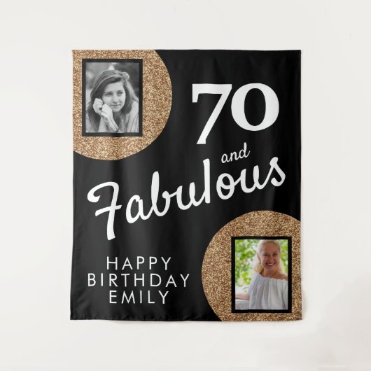 70と素晴らしい金ゴールドグリッター2写真70誕生日 タペストリー (正面)