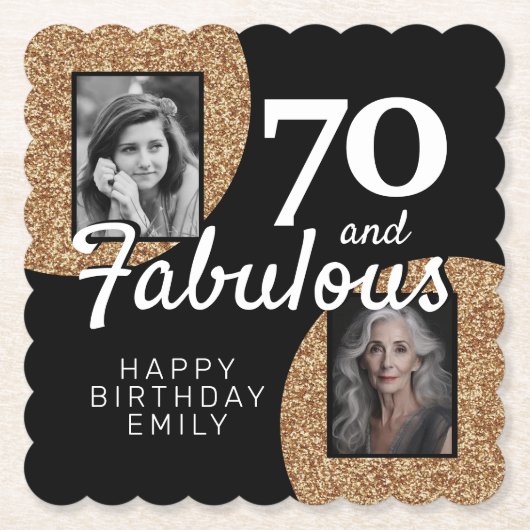 70と素晴らしい金ゴールドグリッター2写真70誕生日 ペーパーコースター (正面)