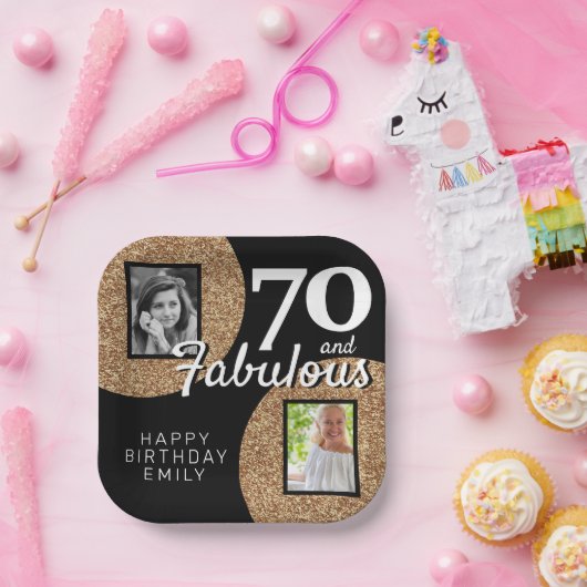 70と素晴らしい金ゴールドグリッター2写真70誕生日 ペーパープレート (パーティー)