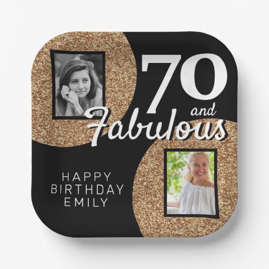 70と素晴らしい金ゴールドグリッター2写真70誕生日 ペーパープレート (正面)