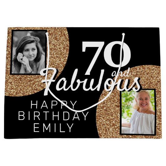70と素晴らしい金ゴールドグリッター2写真70誕生日 ラージペーパーバッグ (正面)
