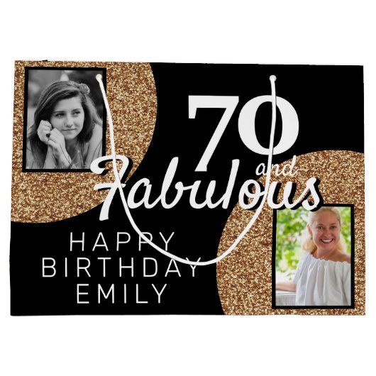 70と素晴らしい金ゴールドグリッター2写真70誕生日 ラージペーパーバッグ (裏面)