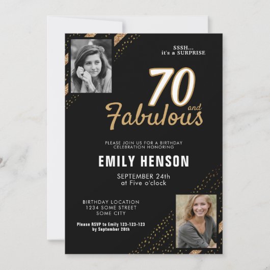 70と素晴らしい金ゴールドグリッター2写真70誕生日 招待状 (正面)