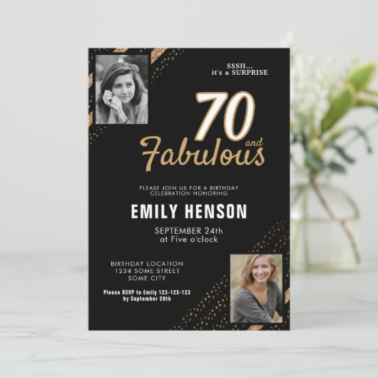 70と素晴らしい金ゴールドグリッター2写真70誕生日 招待状 (スタンド正面)