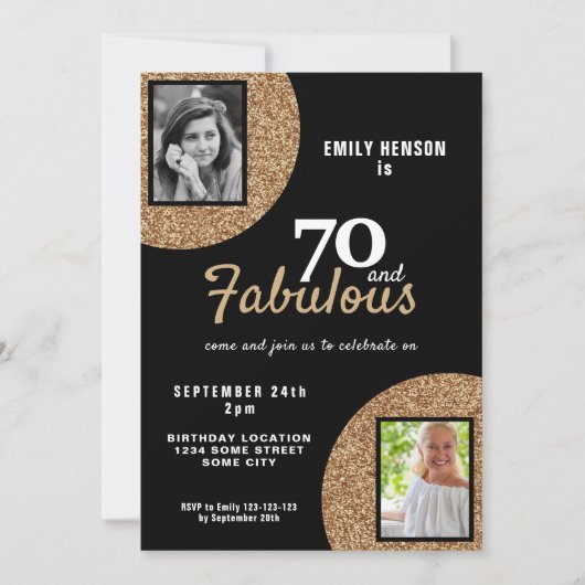 70と素晴らしい金ゴールドグリッター2写真70誕生日 招待状 (正面)