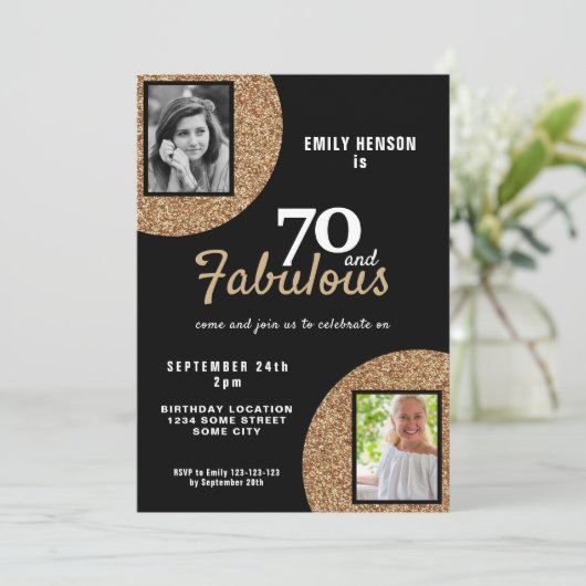 70と素晴らしい金ゴールドグリッター2写真70誕生日 招待状 (スタンド正面)