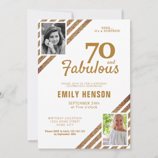 70と素晴らしい金ゴールドグリッター2写真70誕生日 招待状 (正面)