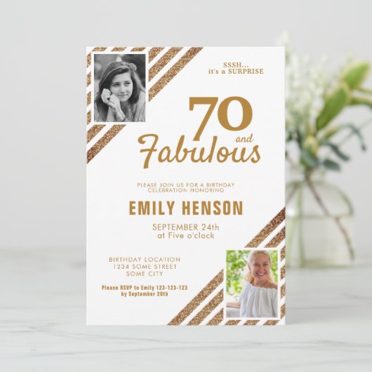 70と素晴らしい金ゴールドグリッター2写真70誕生日 招待状 (スタンド正面)