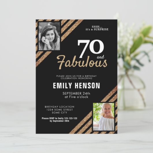 70と素晴らしい金ゴールドグリッター2写真70誕生日 招待状 (スタンド正面)