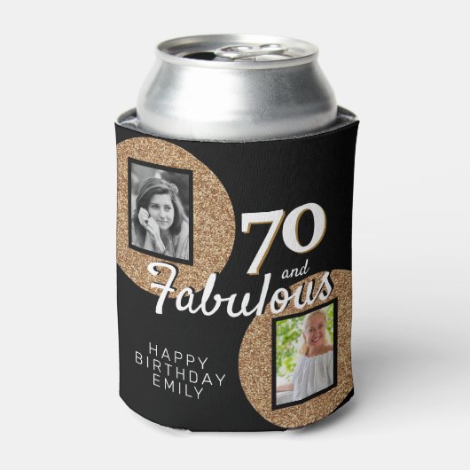 70と素晴らしい金ゴールドグリッター2写真70誕生日 缶クーラー (缶正面)