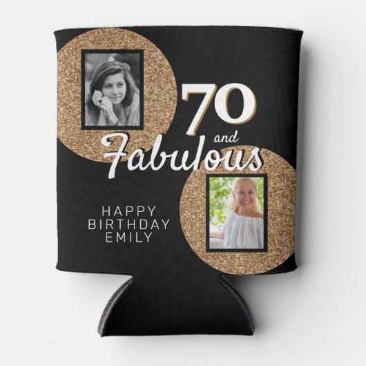 70と素晴らしい金ゴールドグリッター2写真70誕生日 缶クーラー (正面)