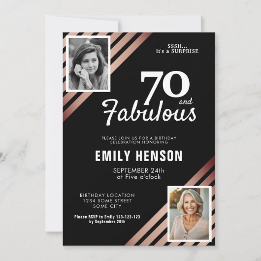 70と素晴らしい金ゴールドバラ2写真誕生日 招待状 (正面)