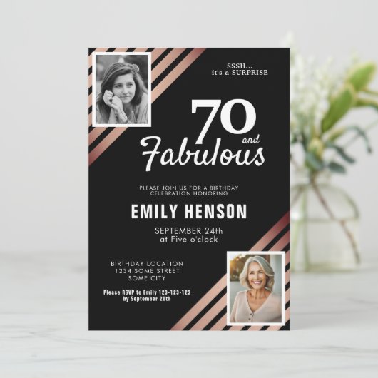 70と素晴らしい金ゴールドバラ2写真誕生日 招待状 (スタンド正面)