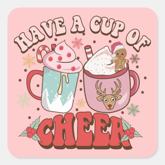 70のレトロタイポグラフィかわいいホリデーカップオブ応援 スクエアシール (正面)