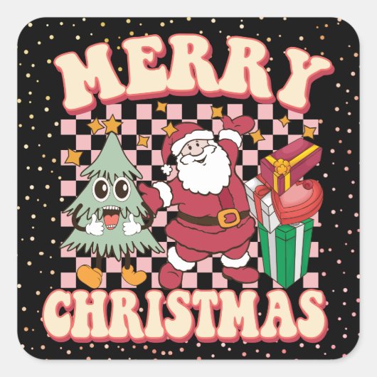 70のレトロメリークリスマスサンタクロースのクリスマスツリー スクエアシール (正面)