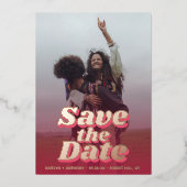 70のレトロGroovy Vivaマゼンタ写真保存日 箔招待状 (正面)