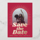 70のレトロGroovy Vivaマゼンタ写真保存日 箔招待状 (正面)