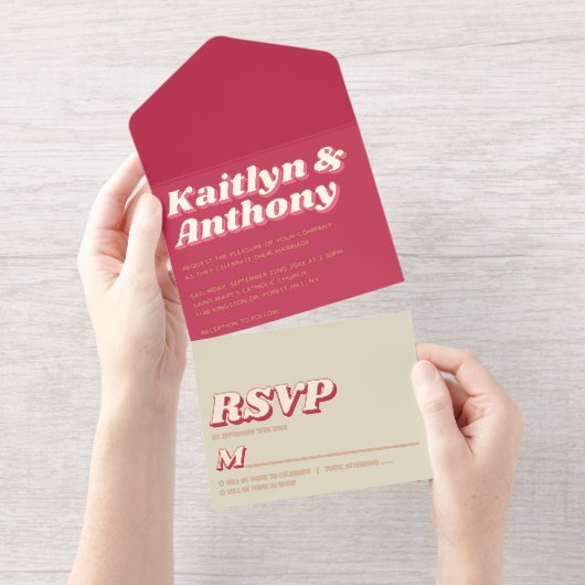 70のレトロGroovy Vivaマゼンダ結婚ンの実在箔 オールインワン招待状 (切り取り部)