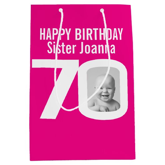 70の写真で0ピンクの白い誕生日抱き枕 ミディアムペーパーバッグ (正面)