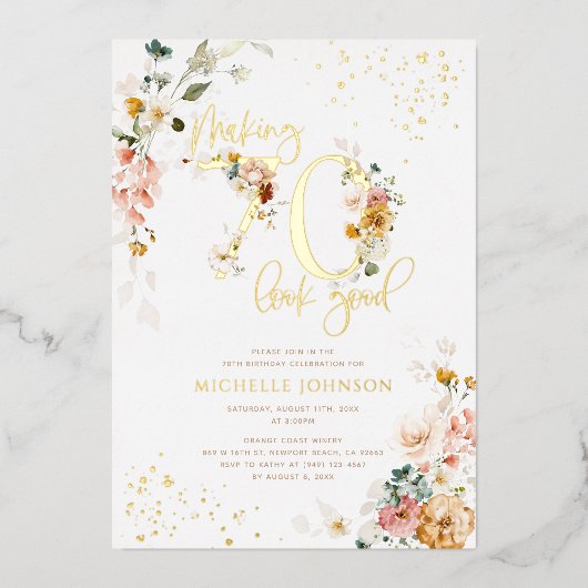 70の見栄えを良くするピンクのフローラ金ゴールド 箔招待状 (正面)