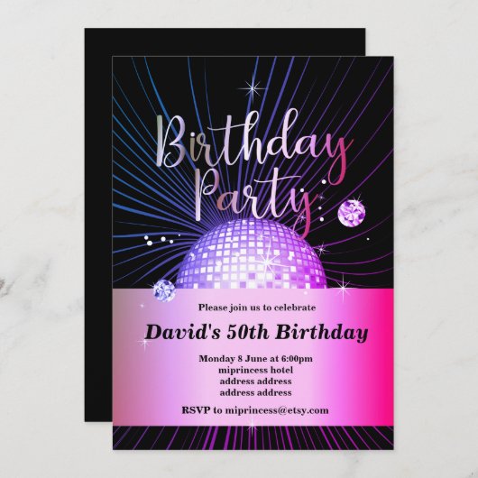 70の誕生日パーティー、ディスコパーティー 招待状 (正面/裏面)