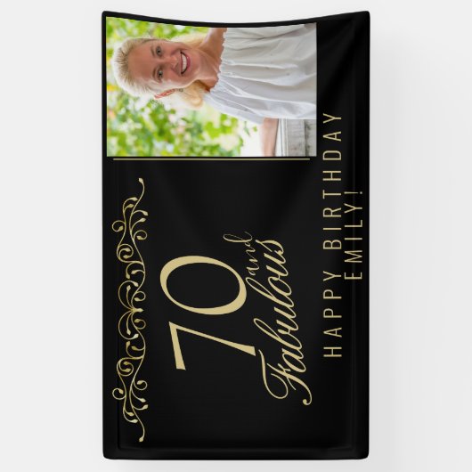70エレガントと素晴らしい誕生日フォトブラック 横断幕 (縦)