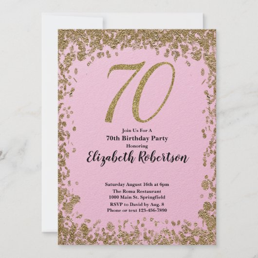 70エレガント番目の誕生日招待状と金ゴールドシーケンサー 招待状 (正面)