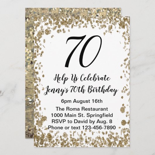 70エレガント番目の誕生日招待状金ゴールド 招待状 (正面/裏面)