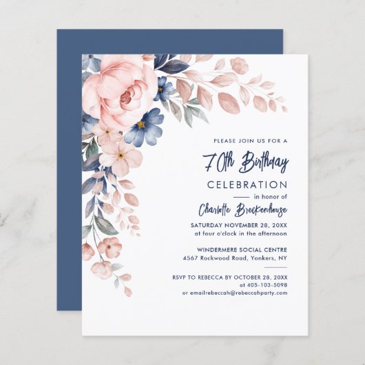 70エレガント誕生日ピンクフローラパーティの招待状 (正面/裏面)