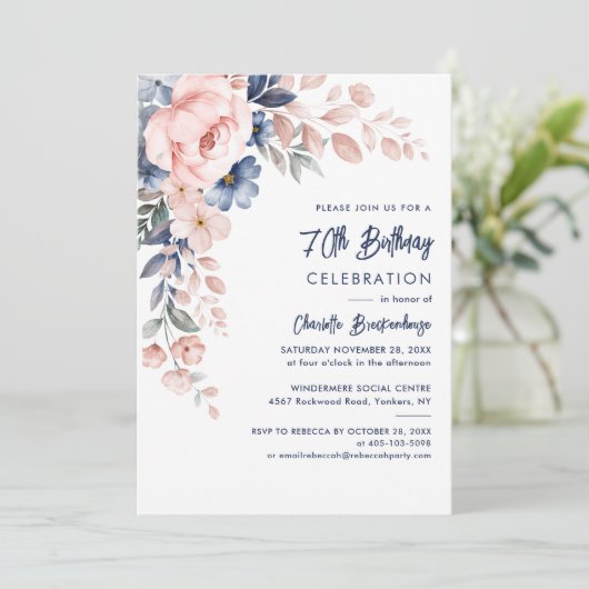 70エレガント誕生日ピンクフローラパーティの招待状 招待状 (スタンド正面)