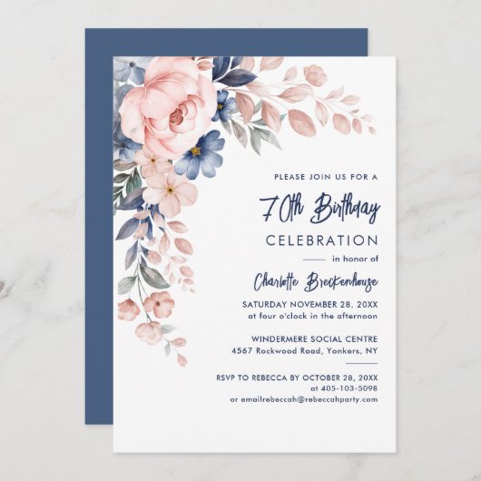 70エレガント誕生日ピンクフローラパーティの招待状 招待状 (正面/裏面)