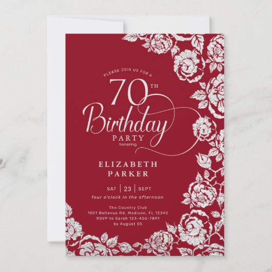 70エレガント誕生日レッドシルバーバラ 招待状 (正面)