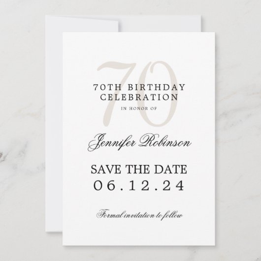 70エレガント誕生日日付を詳細付きで保存 招待状 (正面)