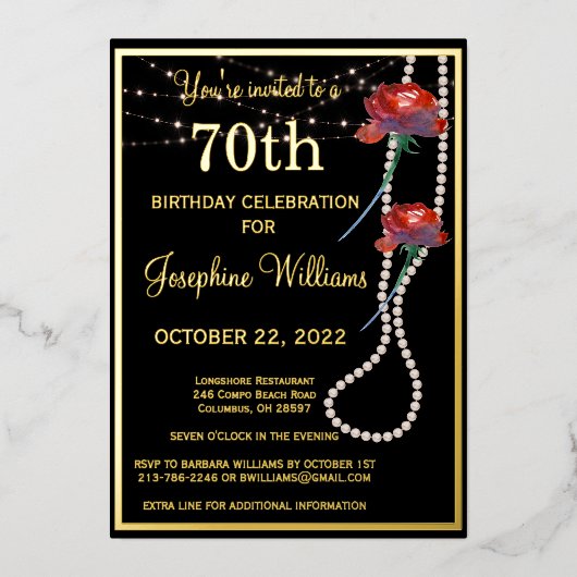 70エレガント7誕生日黒実在金ゴールド 箔招待状 (正面)