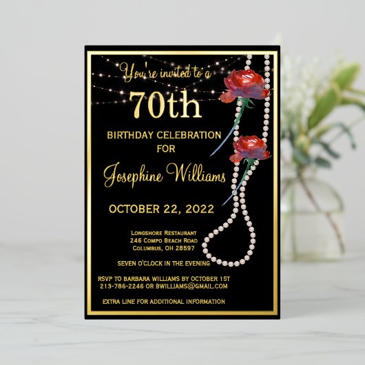 70エレガント7誕生日黒実在金ゴールド 箔招待状 (立ち正面)