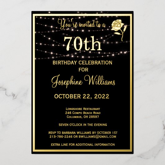 70エレガントth7誕生日ブラック実在金ゴールド 箔招待状 (正面)