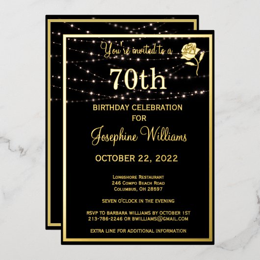 70エレガントth7誕生日ブラック実在金ゴールド 箔招待状 (正面/裏面)