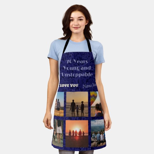 70カスタム歳の女性のための写真コラージュのギフト エプロン (着用した状態)