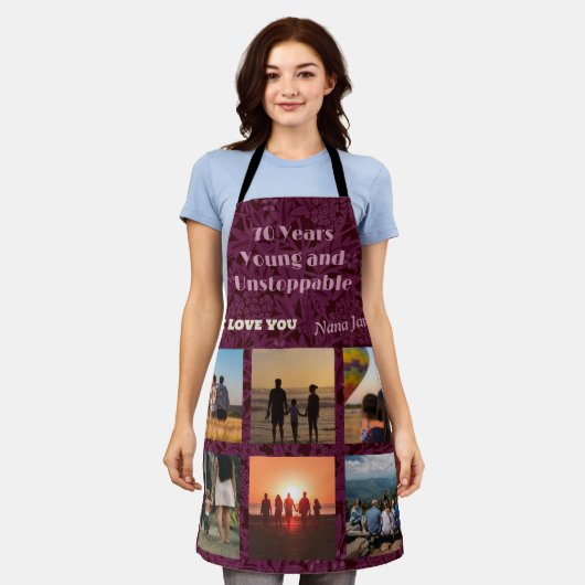 70カスタム歳の女性のための写真コラージュのギフト エプロン (着用した状態)