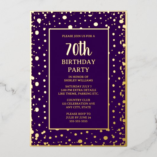 70カスタム歳の誕生日パーティー金ゴールド紫テクスチャ 箔招待状 (正面)