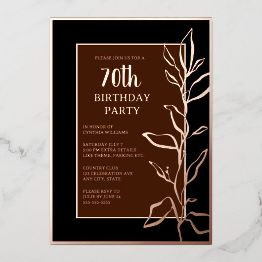 70カスタム歳バースデーパーティー植物学エレガント茶 箔招待状 (正面)