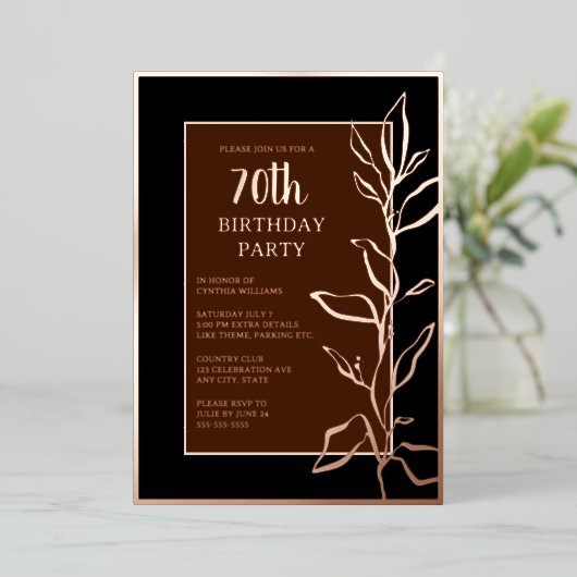 70カスタム歳バースデーパーティー植物学エレガント茶 箔招待状 (立ち正面)