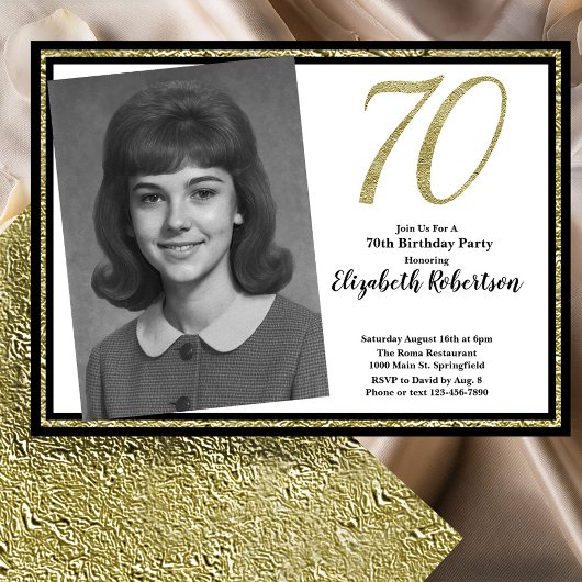 70カスタムthフォトホワイトブラックと金ゴールド 招待状