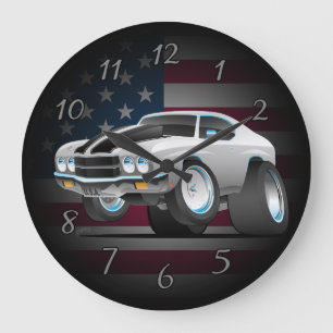 70クラシック年代のアメリカのマッスルカー·カー·カートゥーン ラージ壁時計