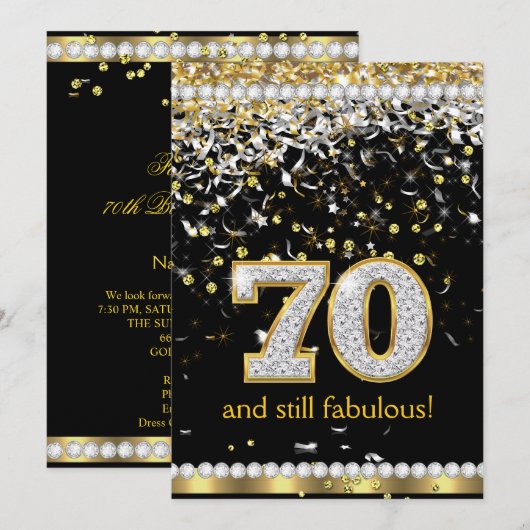 70ゴールドシルバーストリーマー 70歳の誕生日お祝い 招待状 (正面/裏面)