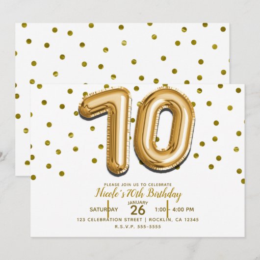 70ゴールドバルーンと紙吹雪 70歳の誕生日パーティー 招待状 (正面/裏面)