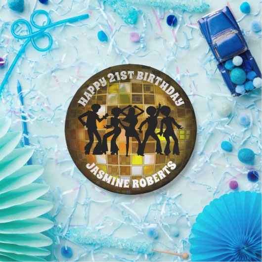 70ズディスコ誕生日 |金ゴールドグリッターボール ペーパープレート (パーティー)