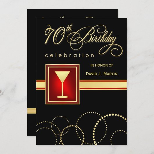 70バースデーパーティ招待状-エレガント黒い赤 招待状 (正面/裏面)