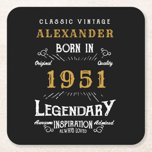 70パーソナライズされた誕生日1951生まれヴィンテージ黒 スクエアペーパーコースター (正面)