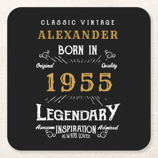 70パーソナライズされた誕生日1955生まれヴィンテージブラック スクエアペーパーコースター (正面)